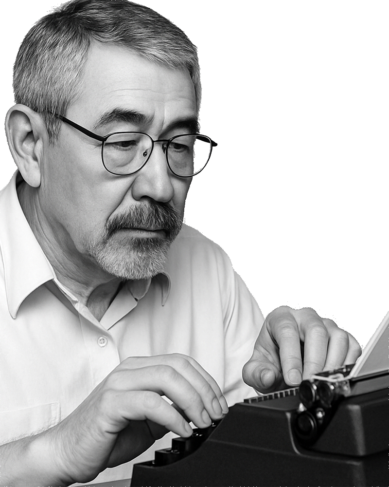 Ryoki Inoue escrevendo à máquina