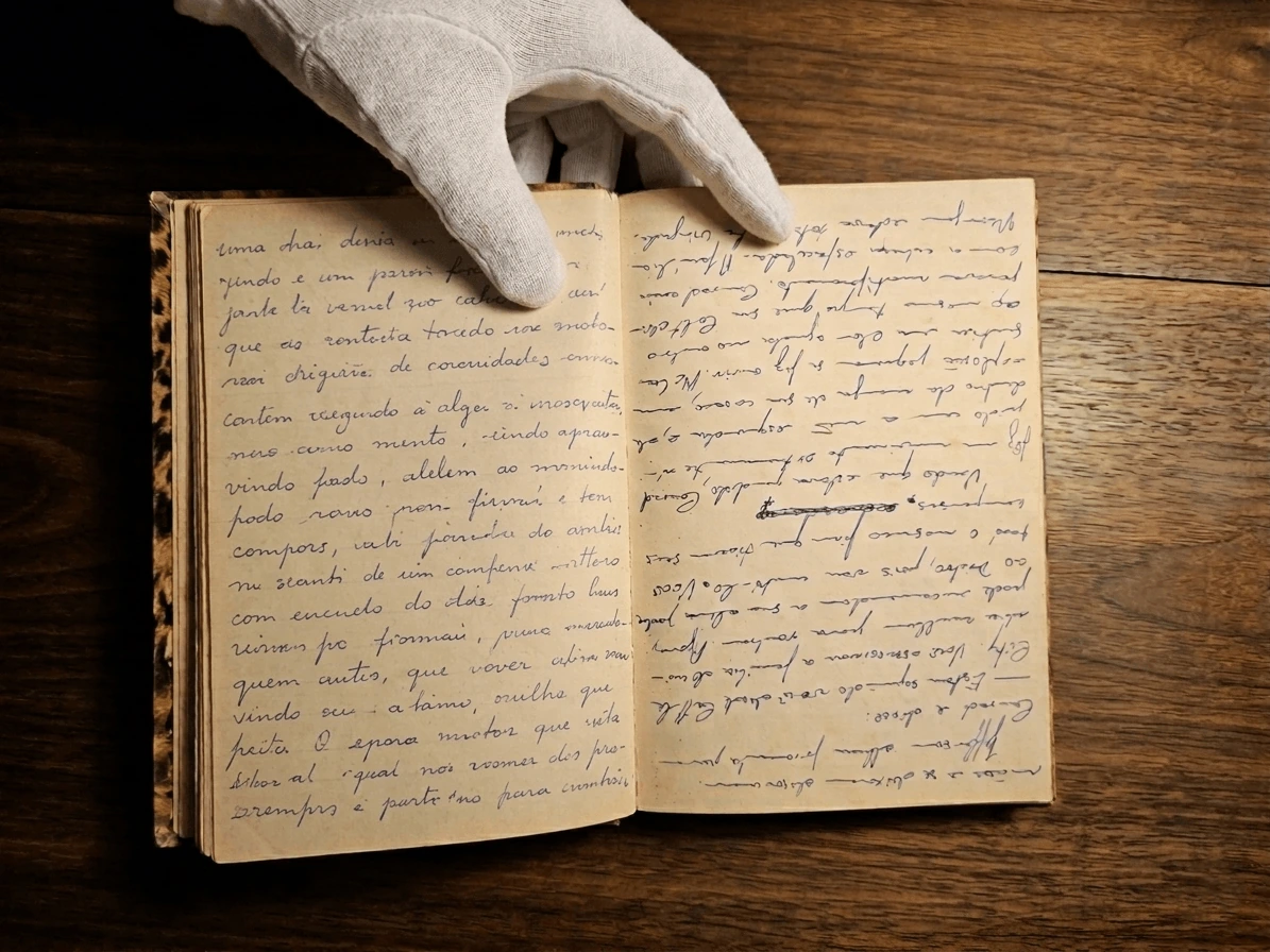 Manuscrito aberto de Os Colts de McLee com caligrafia original e luva branca segurando as páginas.