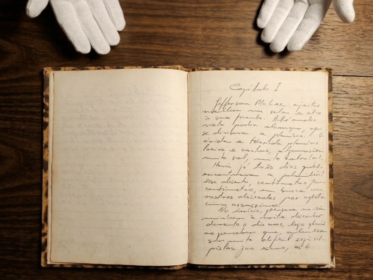 Detalhe do manuscrito original de Os Colts de McLee sobre mesa de madeira, com placa de identificação e caneta-tinteiro.