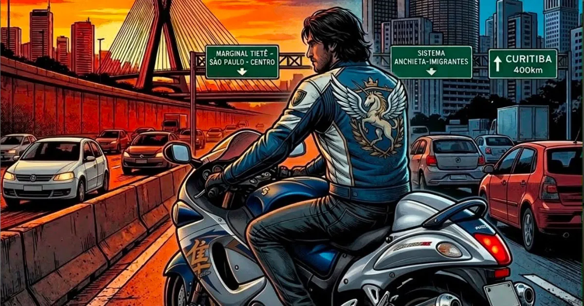 Motociclista de Amores Suficientes no trânsito de São Paulo ao entardecer